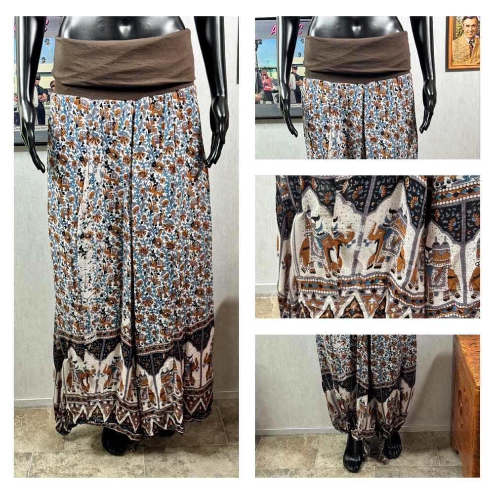 Jaxli Elephant Print Maxi Skirt – Boho Indian Wrap Style – Brown & Blue Floral